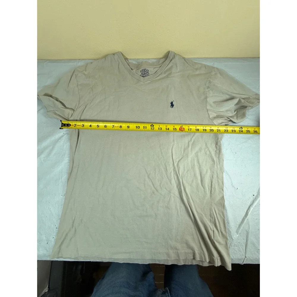 Polo Ralph Lauren Mens V-Neck T-Shirt Tan Beige Cotton Pony Logo Size M 3360